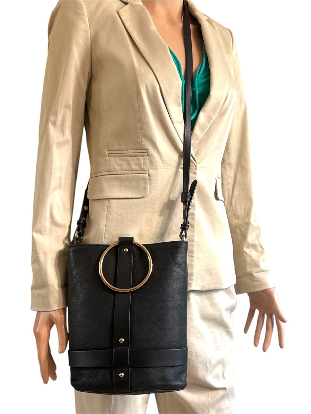 Vince Camuto black leather purse bag gold ring bracelet handles